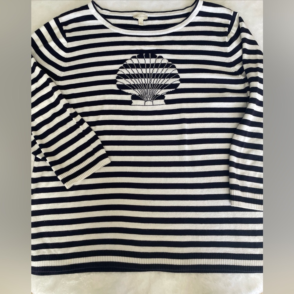 Talbots Womens Blue & White 3/4 Sleeve Striped Floral Knit Sweater Plus Size 1X